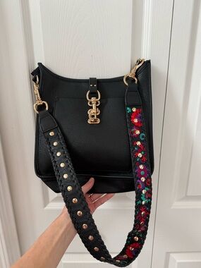 Steve Madden Black Leather Shoulder Bag with Embroidered Floral Strap